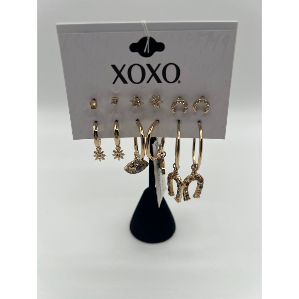 XOXO 6 Pair Earring Set Gold Tone Celestial Evil Eye Horseshoe BSE210024-2
